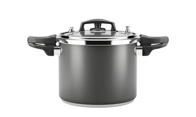 A modern pressure cooker with a shiny metallic lid and sturdy handles, designed for efficient cooking. isolated on white background and transparent background