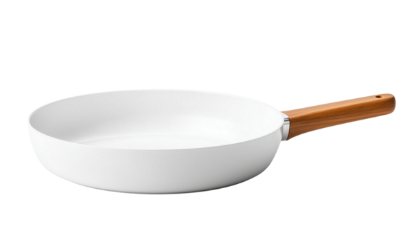 A sleek, white frying pan with a wooden handle, ideal for cooking various dishes. isolated on white background and transparent background