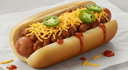 Mouthwatering Classic Chili Dog Topped With Rich Savory Chili, Melted Shredded Cheese, And Spicy Diced Jalapeños – The Ultimate Comfort Food Indulgence With A Flavor Kick