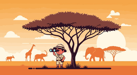 Cartoon Safari Adventure Illustration Featuring Explorer and African Wildlife under the setting sun