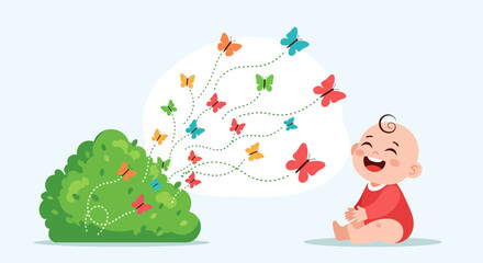 Cartoon illustration of a joyful baby watching butterflies emerging from a bush in a whimsical scene