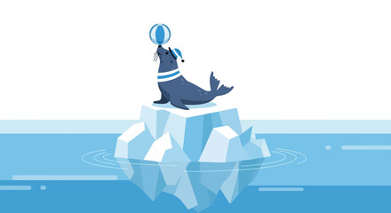 Obraz premium Charming Seal Balancing Ball on Iceberg in Arctic Illustration a delightful and engaging vector art
