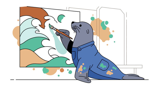Charming Seal Artist Captures the Essence of Ocean Waves with Vibrant Brushstrokes on Canvas