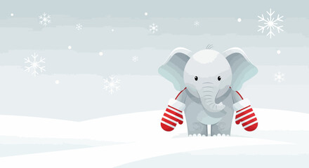 Obraz premium Charming winter scene featuring a cute cartoon elephant in mittens enjoying the snowy landscape