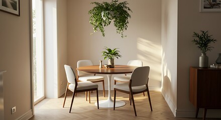 Fototapeta premium Elegant small dining nook, walnut tulip table, cream upholstered chairs, large hanging plant, sunlight glow