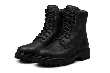 Studio shot of black leather boots with laces, isolated on transparent background, ideal for fashion or retail projects