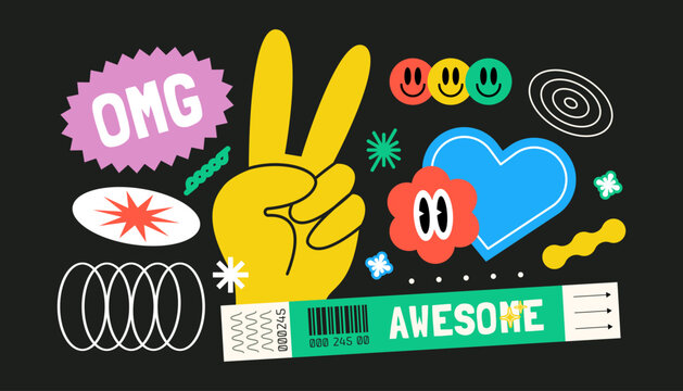  Trendy Vector Set of Retro Labels &ndash; Festival Vibes with Groovy Emojis, Quotes, Bracelets, Peace Icons and More in Bright Neon Style
