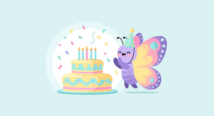 Fototapeta premium Cheerful butterfly celebrating a birthday with a colorful cake illustration