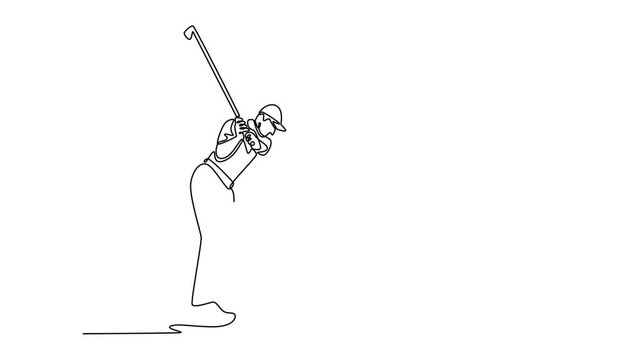 Animated self drawing continuous line draw male golfer during powerful downswing, depicting intense focus, athletic motion, precision required to hit perfect golf shot. Full length one line animation