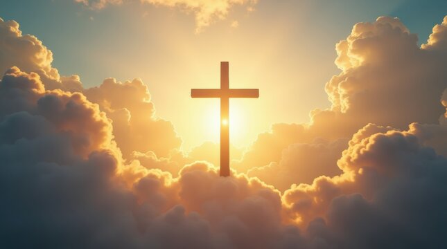 A heavenly scene with a cross illuminated by sunlight, surrounded by clouds. Captured from a low angle, perfect for a spiritual video backdrop. Live desktop wallpaper.