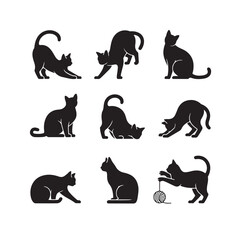 Collection of silhouetted black cats in various playful and relaxed poses
