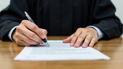 Judge signing written verdict at desk