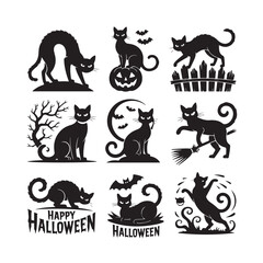 Obraz premium Collection of spooky black cat silhouettes with halloween themed elements