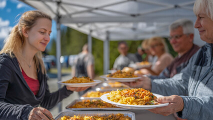 Young woman serving delicious pasta dish at outdoor food event, with smiling guests eagerly receiving plates, showcasing community engagement and culinary delight