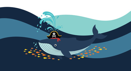 Obraz premium Cartoon Whale with Pirate Hat Swimming in Blue Sea with School of Fish Illustration