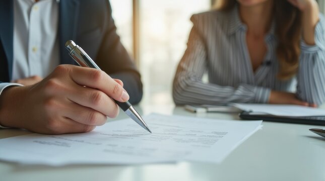 Man and woman discussing salary offer with contract and pen on table, neutral tones, professional business setting, career growth and HR concept.

