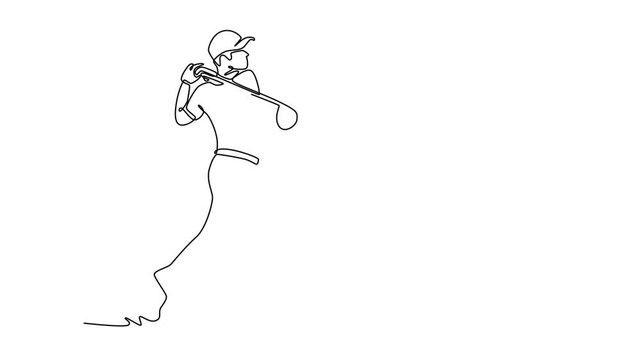Animated self drawing of continuous line male golfer finishing his powerful swing with an elegant follow through, depicting successful golf shot and satisfaction job. Full length single line animation