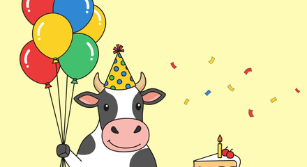 Fototapeta premium Celebrate Happy Birthday with a Cartoon Cow Balloons and Cake for Festive Occasion