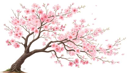 Pink cherry blossom tree in full bloom isolated on white background