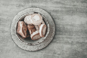 Assortment of halva. Oriental sweets top view, space for text