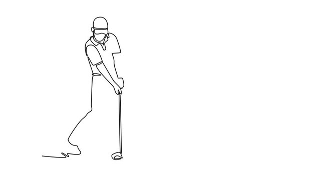 Animated self drawing of continuous line draw male golfer in address position, bent over and focused on the ball, depicting intense concentration. Powerful tee shot. Full length single line animation