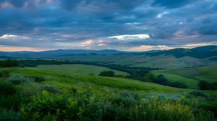 Fototapeta premium A panoramic photograph of a lush green valley with rolling hills and mountains in the background