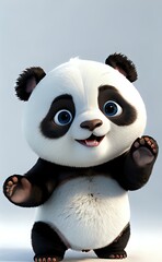 Adorable 3D Panda Cub with Big Blue Eyes Waving a Friendly Hello.