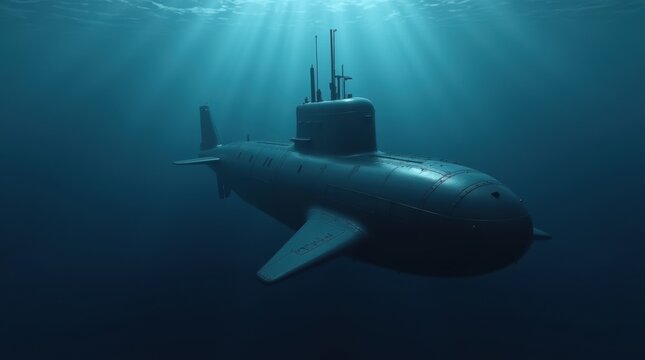 Sleek military submarine gliding in deep blue water, minimal light rays, stealth mood, strategic concept.
