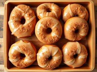 Artisan Donut Delight: A captivating overhead shot showcases a wooden tray filled with an array of freshly made, glazed donuts.