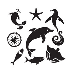 Collection of black silhouette marine life and ocean elements on white background