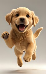 Exuberant Golden Retriever Puppy in a Dynamic Mid-Air Leap of Joy.