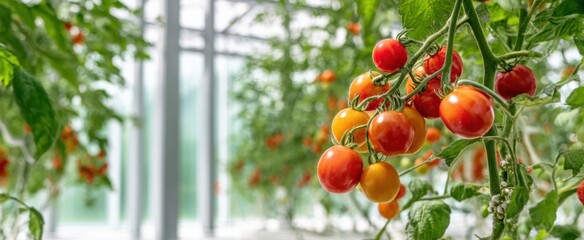 The vibrant tomatoes thriving in a modern greenhouse environment.