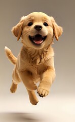 Exuberant Golden Retriever Puppy Leaping Mid-Air with a Wide Joyful Smile.