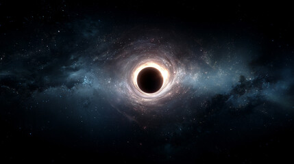 a black hole in deep space, moving through the cosmos. epic and cinematic view with event horizon in dark space