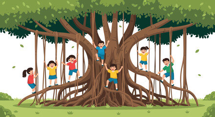 Children's Fun Adventure: Playful Cartoon Kids Exploring and Climbing a Large Banyan Tree