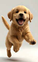 Exuberant Golden Retriever Puppy Leaping Mid-Air Against a White Background.