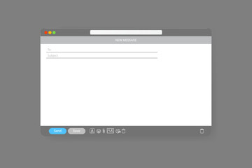 Email window template, new message blue interface mockup design. Computer desktop screen of mail isolated. Internet webpage illustration with icons. UI design template