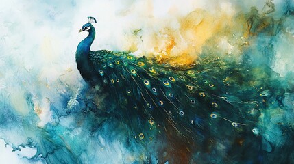 Majestic Peacock in Abstract Watercolor Landscape