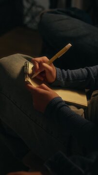 Vertical cropped shot of hands of unrecognizable person taking notes during conference or seminar sitting among people of audience