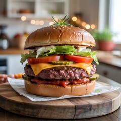 A high-quality photo of a juicy, delicious burger on a wooden board. 
