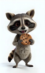 Joyful Animated Raccoon with Big Eyes Presents a Giant Chocolate Chip Cookie.