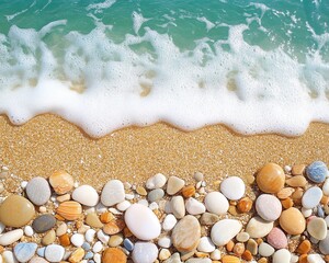 Fototapeta premium Serene Beach with Colorful Pebbles and Gentle Waves