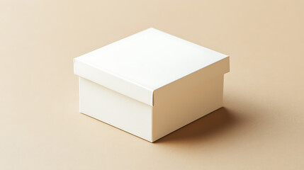 Small square white box with lid on beige background