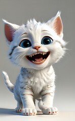Animated White Kitten with an Exaggerated Joyful Toothy Grin and Blue Eyes.