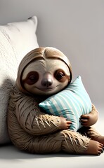 Dreamy Sloth with a Gentle Smile Hugging a Cozy Striped Pillow.