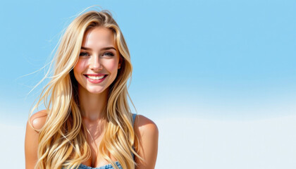 Naklejka premium Young smiling blonde woman with long hair and blue eyes wearing sleeveless top against clear blue sky background