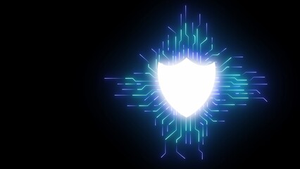 Glowing Neon Shield Symbol with Digital Circuitry on Black Background security protection