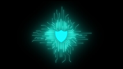 Cyan neon shield symbol on a digital circuit board pattern against a black background cybersecurity data protection