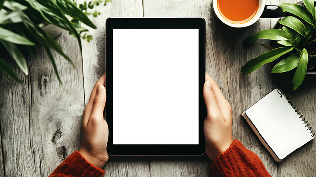 Person holding digital tablet with blank screen on wooden desk with coffee cup, notepad and plants