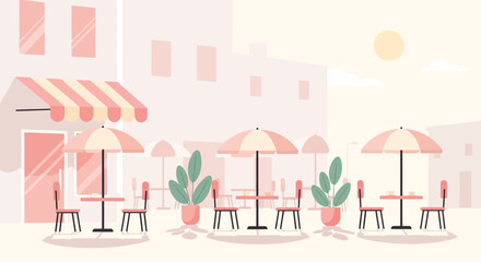 Charming Outdoor Cafe Scene In Muted Pink Tones With Soft Sunshine Glow